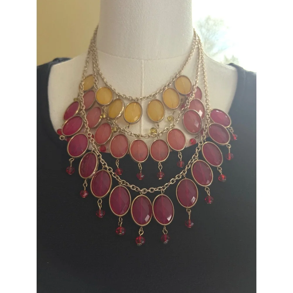 Gold Tone Multi Strand Bib Statement Necklace Red Orange Yellow Ombre Oval Stone